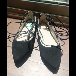 Black lace up pointed flats